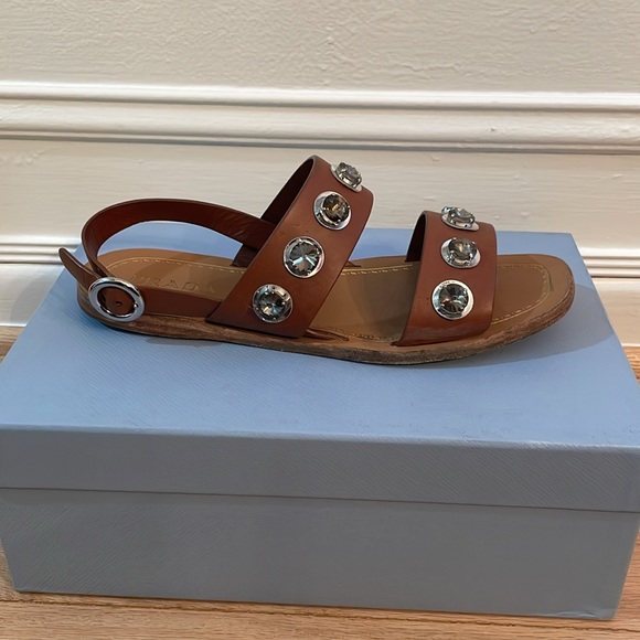 Prada Brown Leather Sandals with Large Rhinestones - Picture 4 of 9